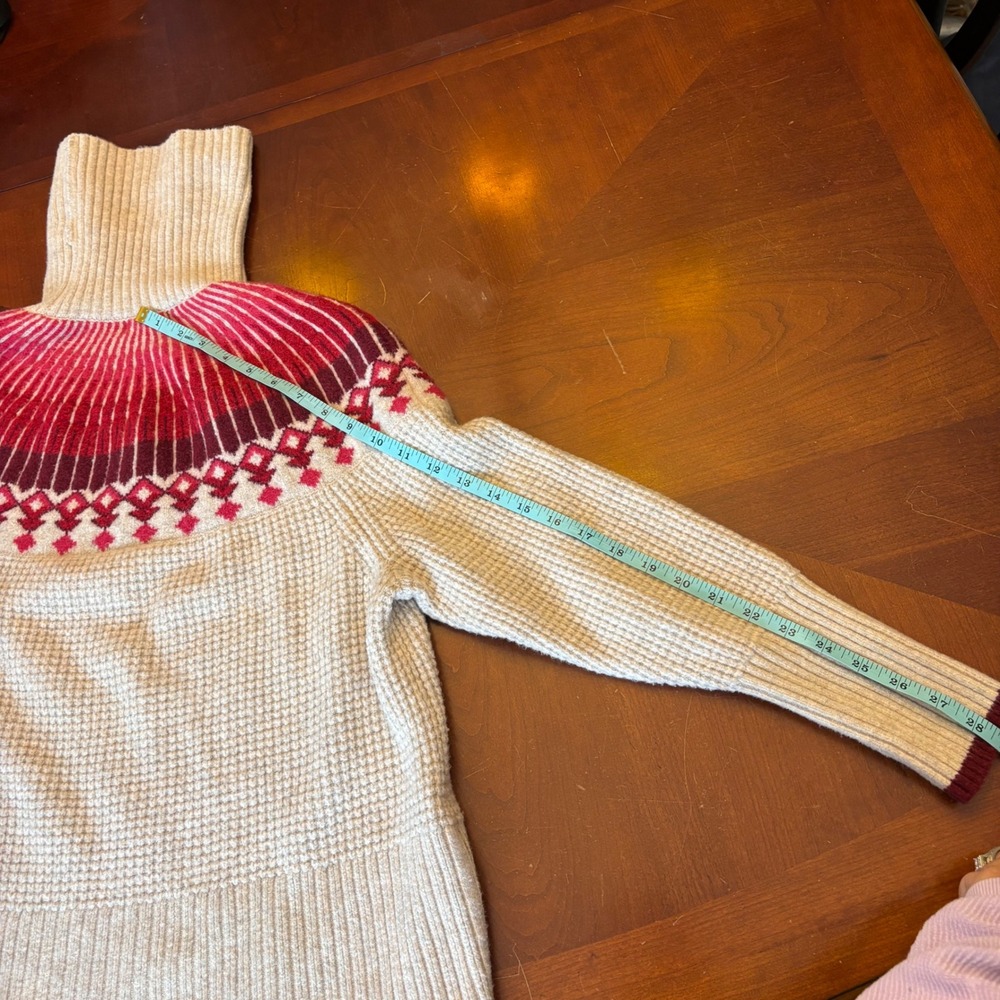 LL‎ Bean Womens Large Petite Fair Isle Turtleneck Sweater Waffle Knit Red Cream - Picture 13 of 13